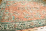Distressed Oushak carpet corner, tangerine, ivory, mint floral field, arts and crafts border.