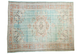 Vintage Distressed Oushak carpet with terracotta Rococo medallion, faded aqua field, low pile.