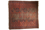 Vintage Ersari square carpet, cochineal red, navy gul and hooked medallion designs, 8'4