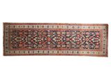 Vintage Malayer runner, allover Henna plant lattice design in navy, tangerine, ivory, green, 3x10.