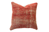 Antique Turkish Rug Fragment Pillow with distressed red and muted beige pattern, 14x14.