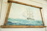 Seascape painting with sailing ship, textured wormwood frame, and Blumberg's signature.