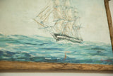 Artist Blumberg's red signature, textured blue water, and rustic wormwood frame on painting.