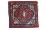 Vintage hand-knotted Persian Mir Sarouk rug, geometric medallion, cranberry, indigo, pawn motif, 1'8