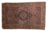 Antique Mission Malayer rug, navy medallion, madder root red field, floral design.