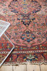 Antique Mission Malayer rug's fine weave, mostly even wear, and hard tatter fringe.