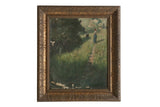 Hobart Clark painting of woman and pet in green field, distressed canvas, ornate gold frame.