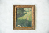 Distressed Hobart Clark painting of a woman in a field, within an ornate gold frame.