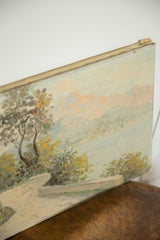 Close-up of Luciani painting's edge, highlighting soft sky, trees, and canvas texture.
