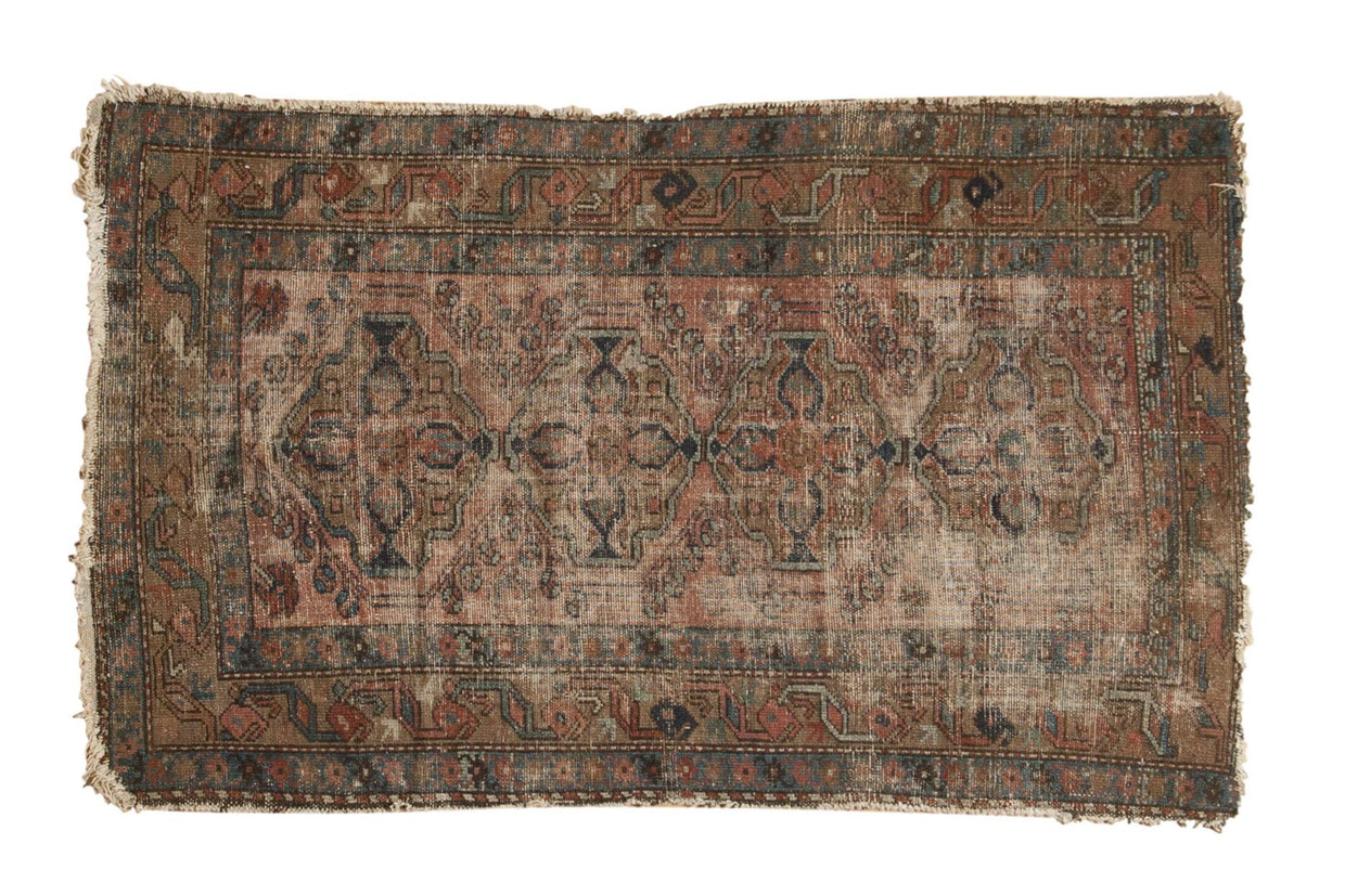 Antique Persian Lilihan rug, repeating medallion and vinery in faded brick red, indigo, sand. 2'11