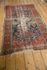 Antique Malayer rug detail: Unusual Harshang design in cochineal red, indigo, with rich, storied patina.