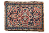 Vintage Hamadan rug mat, oversized pale brick red medallion, navy blue floral field, 2'1