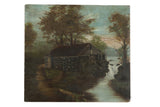 Vintage Cottage Scene Painting featuring a stone cottage, river, waterfall, and lush trees.