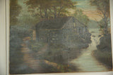 Visible texture on the vintage cottage painting of a stone house by a river.