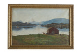 Antique New England farm landscape painting, red barn, water, mountains, visible patina in gold frame.