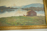 Antique landscape painting's red barn, small animal, artist signature, and notable paint loss.