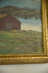 Artist's signature in the lower right of the antique landscape painting and frame.