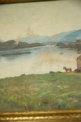 Visible signs of age and paint loss on antique landscape painting.