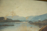 Textured canvas and aged paint loss detail on the antique New England landscape.