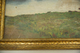 Visible puncture on the antique New England painting's lower left, with ornate gold frame.