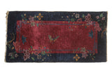 Vintage Chinese Art Deco rug runner, wine red field, single butterfly, navy blue floral border. 2'x3'11