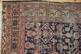 Antique Malayer runner's navy, blush red Herati pattern and border detail, exhibiting hard wear.