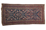 Antique Kurdish Hamadan runner, navy field with blush, rose, sky blue Herati pattern. 3'8