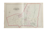 Antique 1875 atlas map of Woburn, Massachusetts, spread open showing the town's red border.
