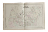 Antique 1875 atlas map of Woburn, Massachusetts, detailing streets and hand-colored property lines.