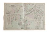 Antique 1875 atlas map of Woburn Massachusetts showing streets and color-coded properties on aged paper.
