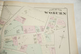 The Tannery and Woburn Horse Railway on an 1875 antique atlas map of Woburn.