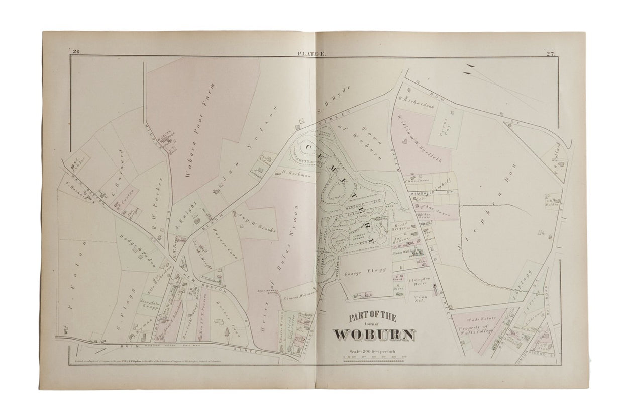 Antique Woburn Massachusetts Atlas Map Plate E