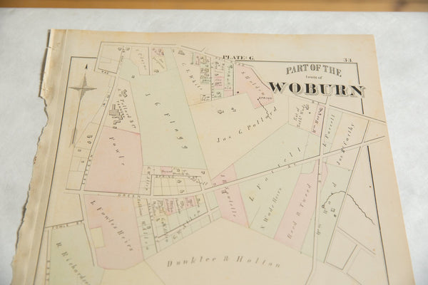 Antique Woburn Massachusetts Atlas Map Plate G