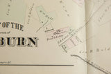 Illustrated Soap Factory and landowner names on an antique 1875 map of Woburn, Massachusetts.