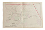 Antique 1875 map of Woburn, Massachusetts, showing property lines with red and green hand-coloring.