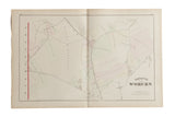 Antique G.M. Hopkins 1875 atlas map of Woburn, Massachusetts, showing hand-colored land plots.