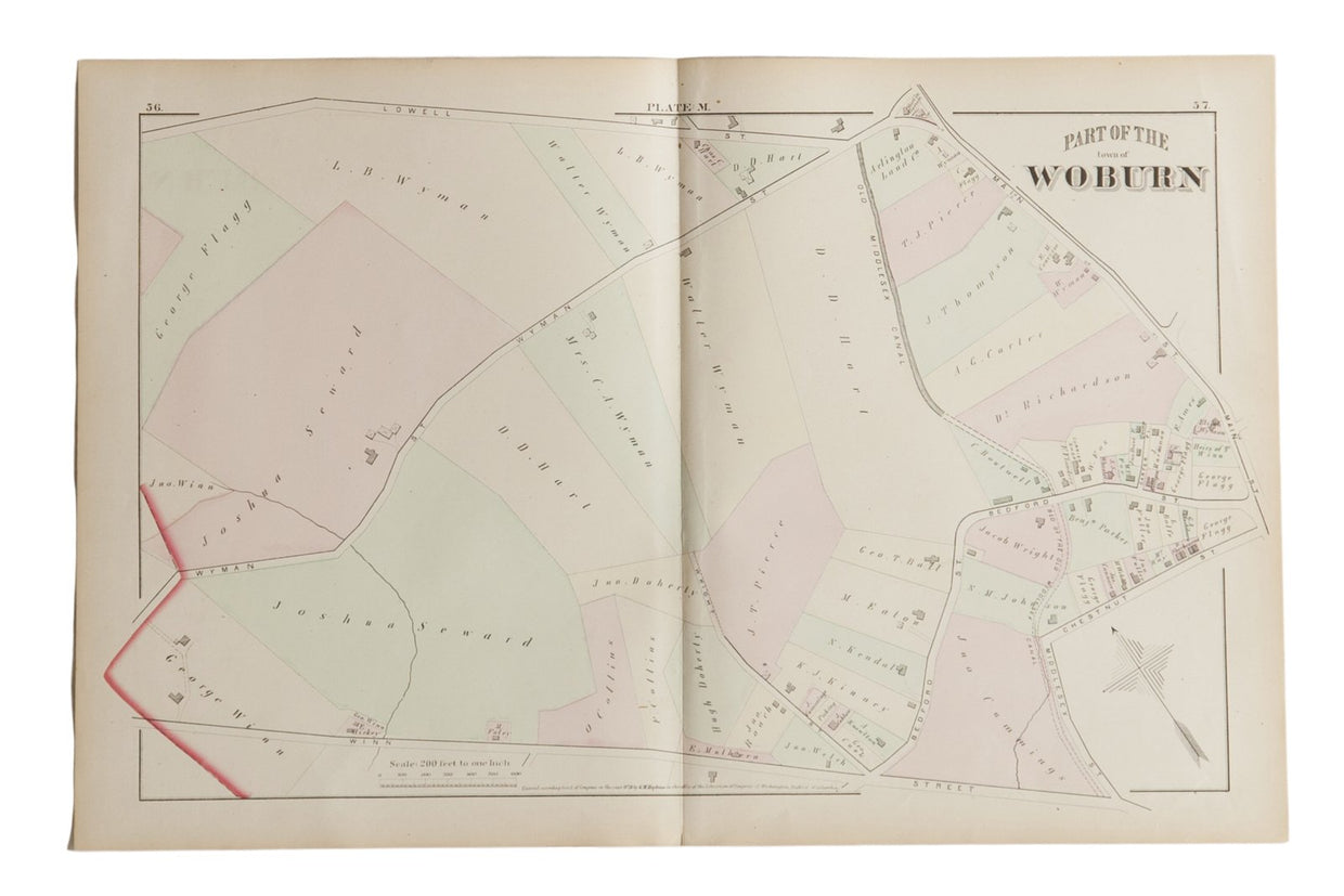 Antique Woburn Massachusetts Atlas Map Plate M