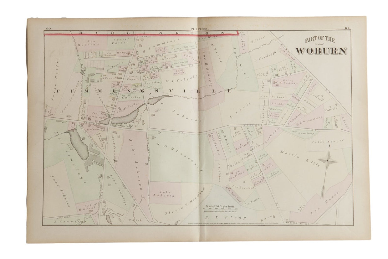 Antique Woburn Massachusetts Atlas Map Plate N