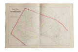 Antique Woburn, Massachusetts atlas map from 1875 with hand-colored land plots and red borders.