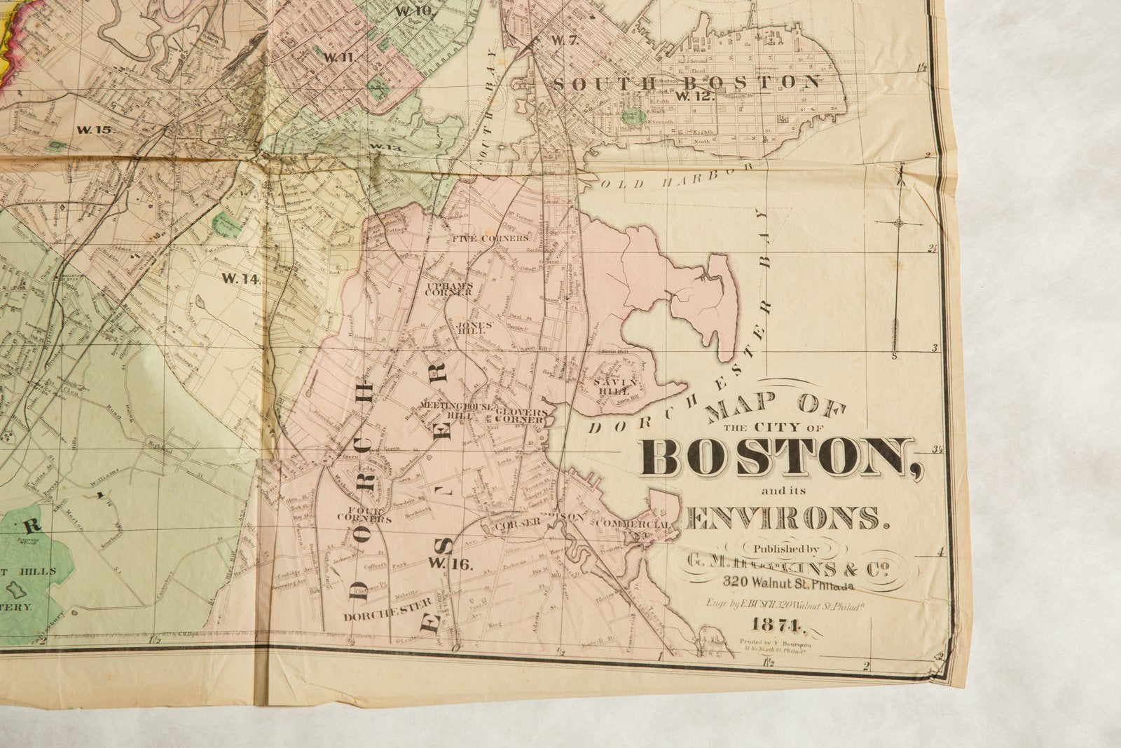 Antique Folding Map of City of Boston and its Environs 1874