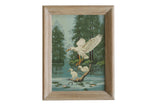 Vintage Paint by Numbers painting of white ducks, green marsh scene, natural wood frame.