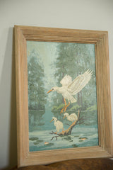 Vintage Paint by Numbers painting with two ducklings on a pond branch.