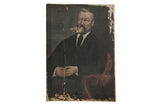 19th century portrait painting of a man, dark suit, with notable age and surface wear.