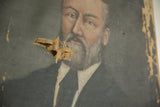 Significant tear revealing canvas on the 19th-century portrait painting of a man.