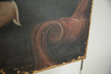 Close-up of a 19th-century portrait painting's scrolled armrest and worn bottom edge.