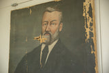 Close-up of the vintage portrait painting, showing extensive paint loss and distress.