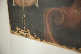 Aged lower left of portrait painting, showing flaking paint and exposed surface.