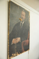 19th century portrait showing a significant tear and frayed canvas edges.