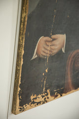 Clasped hands and dark garment detail from 19th century portrait showing heavy paint loss.