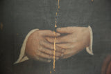 Detail of clasped hands from a 19th century portrait painting, showing aged texture and paint loss.